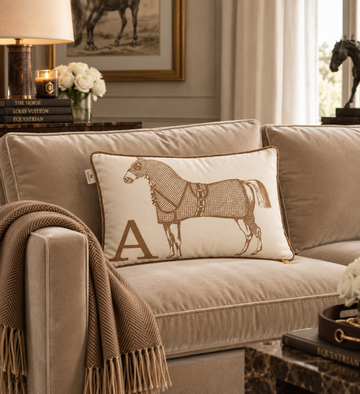 Classic Horse velvet cushion Nougat