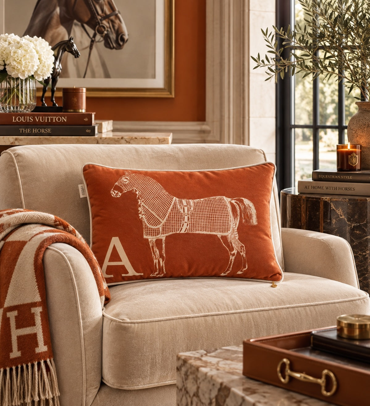 Classic Horse velvet cushion Rust orange