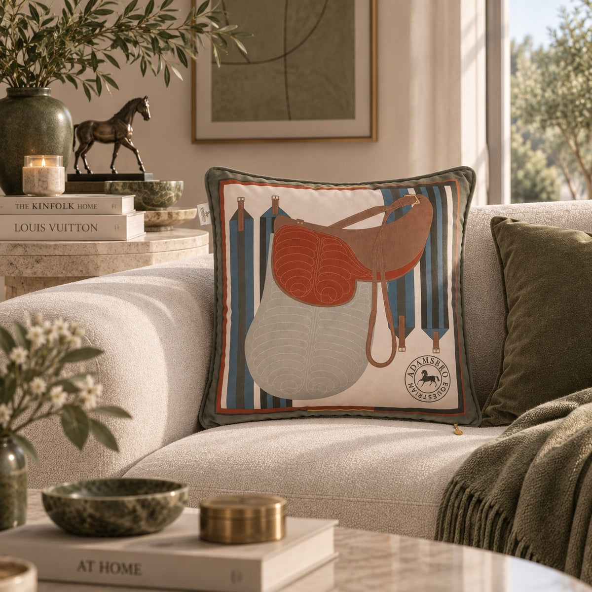 Saddle Olive velvet cushion reversible