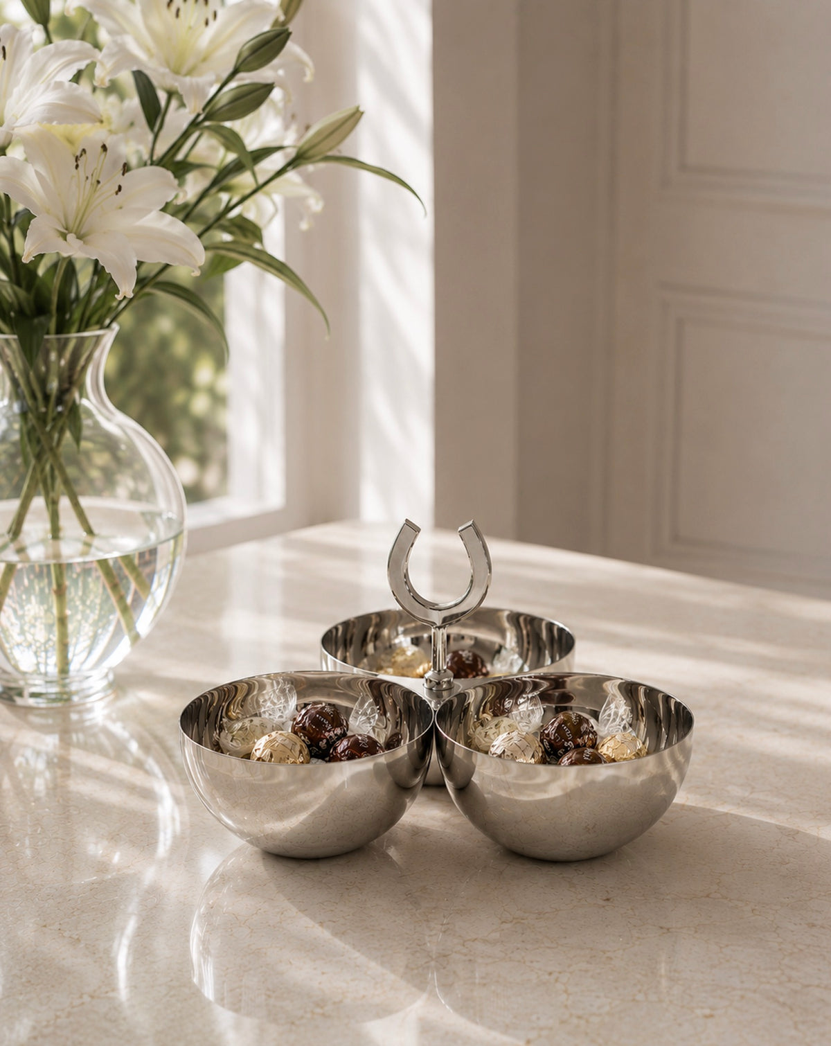 Triple Nut Bowl Silver with Horseshoe