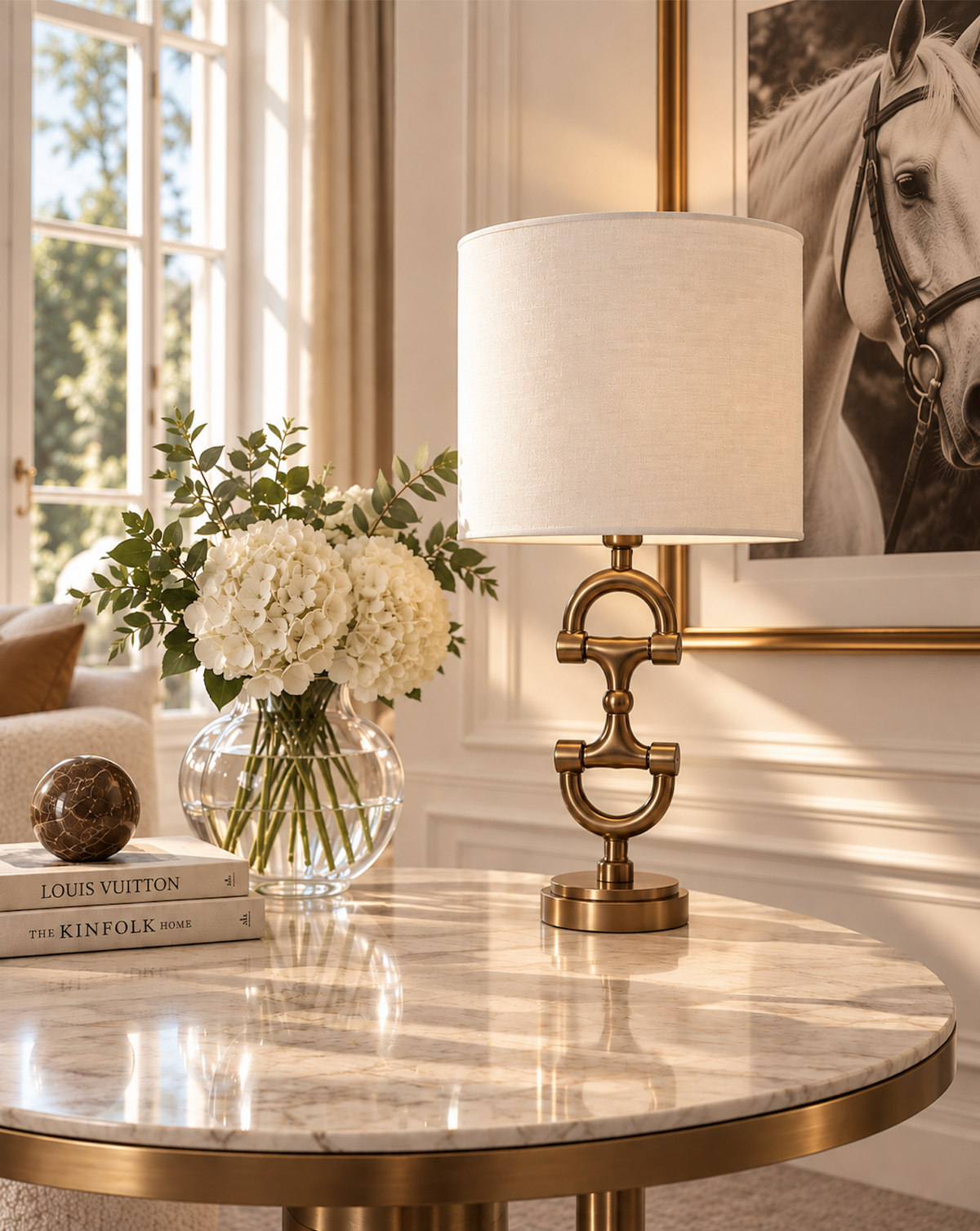 BIT Lamp stand Brass including Off-white Linnen Shade