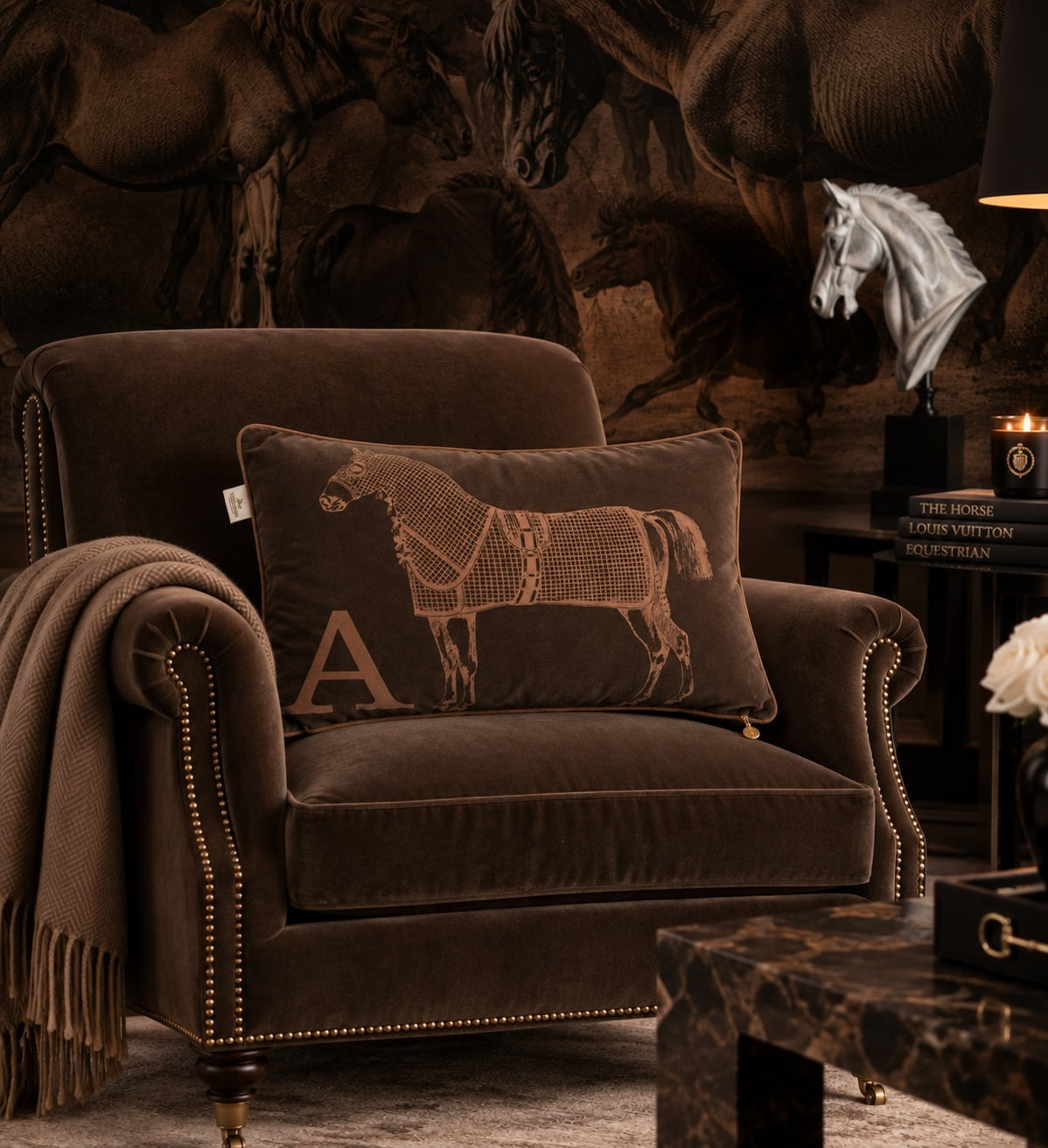Classic Horse velvet cushion Brown