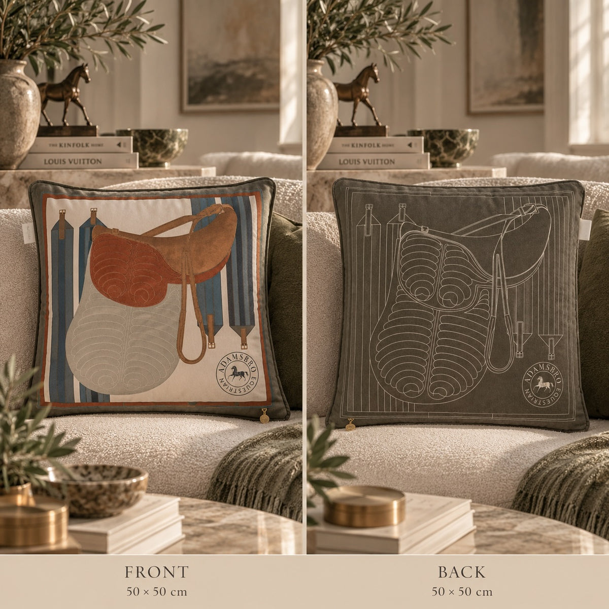 Saddle Olive velvet cushion  reversible