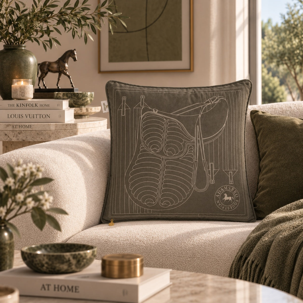 Saddle Olive velvet cushion  reversible