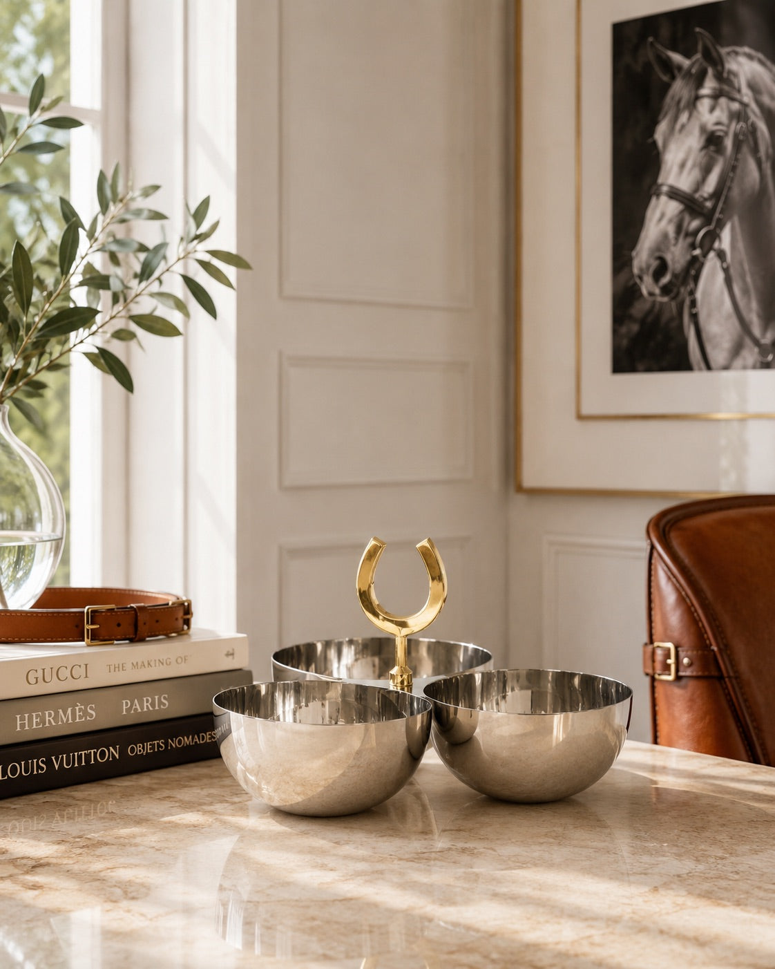 Triple Nut Bowl Silver with Horseshoe in Brass