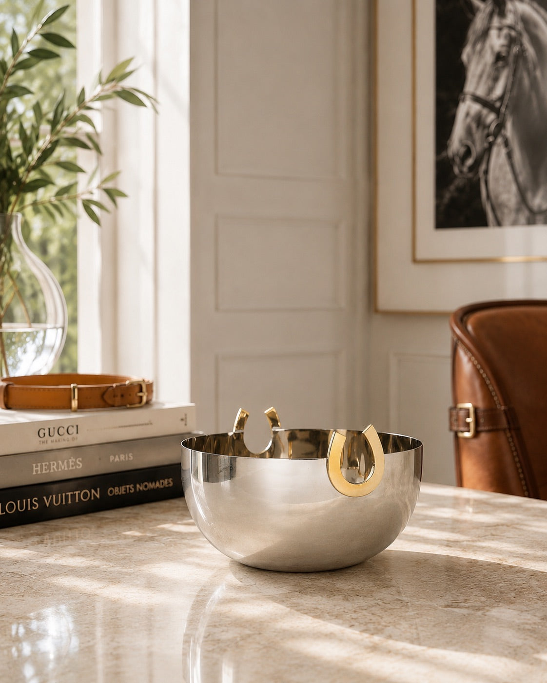 Horse Shoe Serving Bowl Silver with Golden Detail