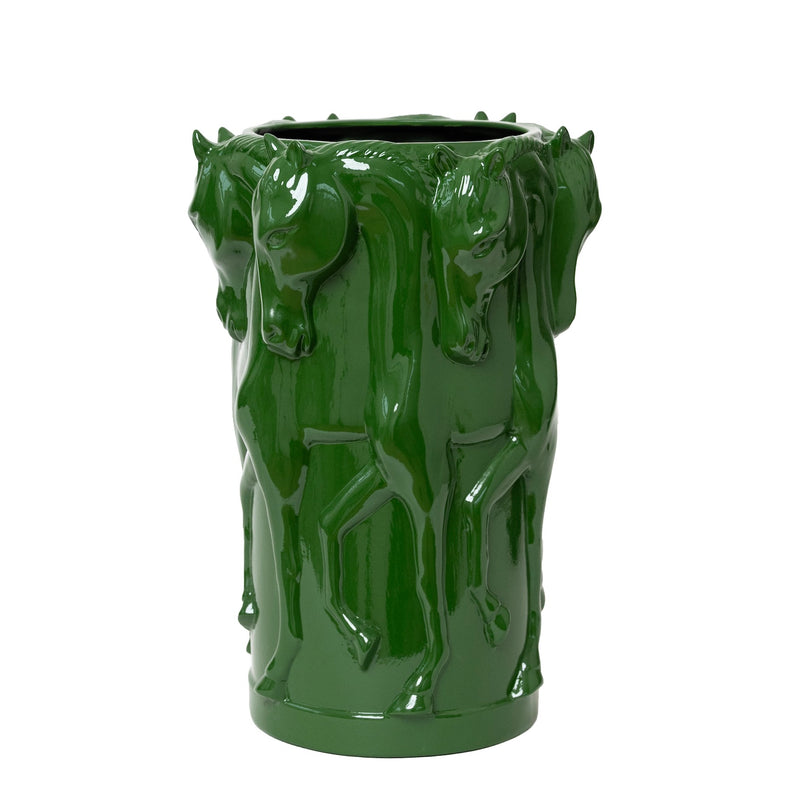 GLAZED GREEN CERAMIC VASE DANCING HORSES