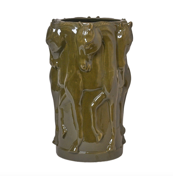 CERAMIC VASE DANCING HORSES OLIVE GLAZE