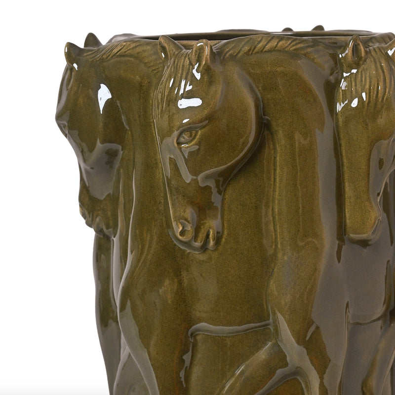 CERAMIC VASE DANCING HORSES OLIVE GLAZE