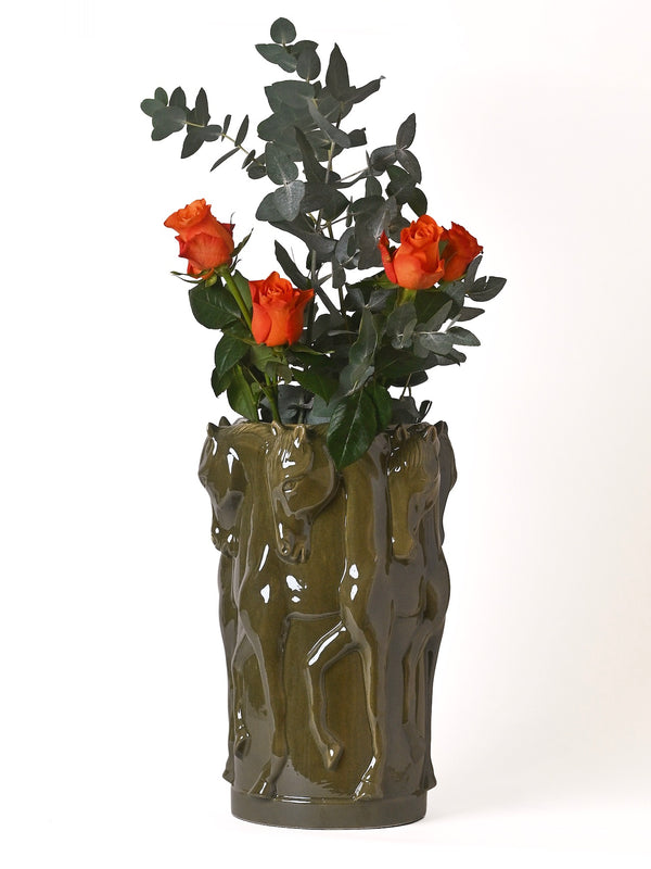 CERAMIC VASE DANCING HORSES OLIVE GLAZE