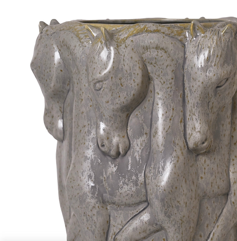 CERAMIC VASE DANCING HORSES PATINA GREY