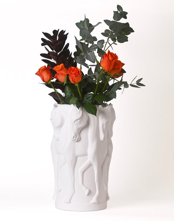 CERAMIC VASE DANCING HORSES MATT WHITE
