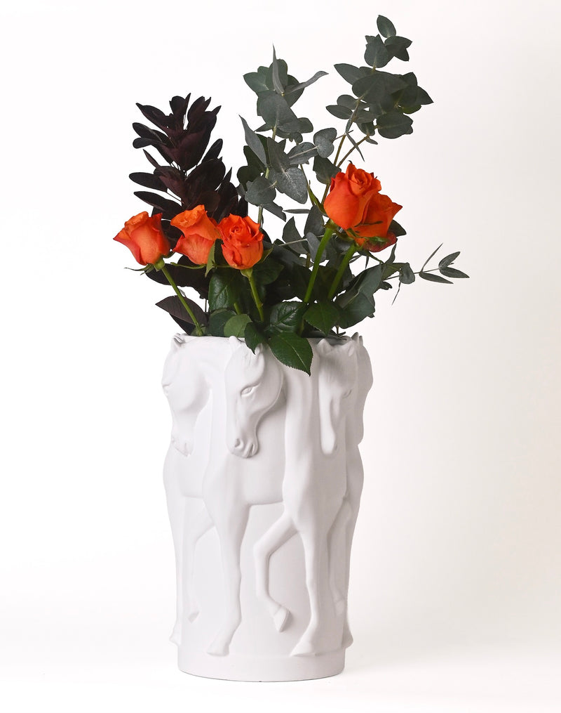 CERAMIC VASE DANCING HORSES MATT WHITE