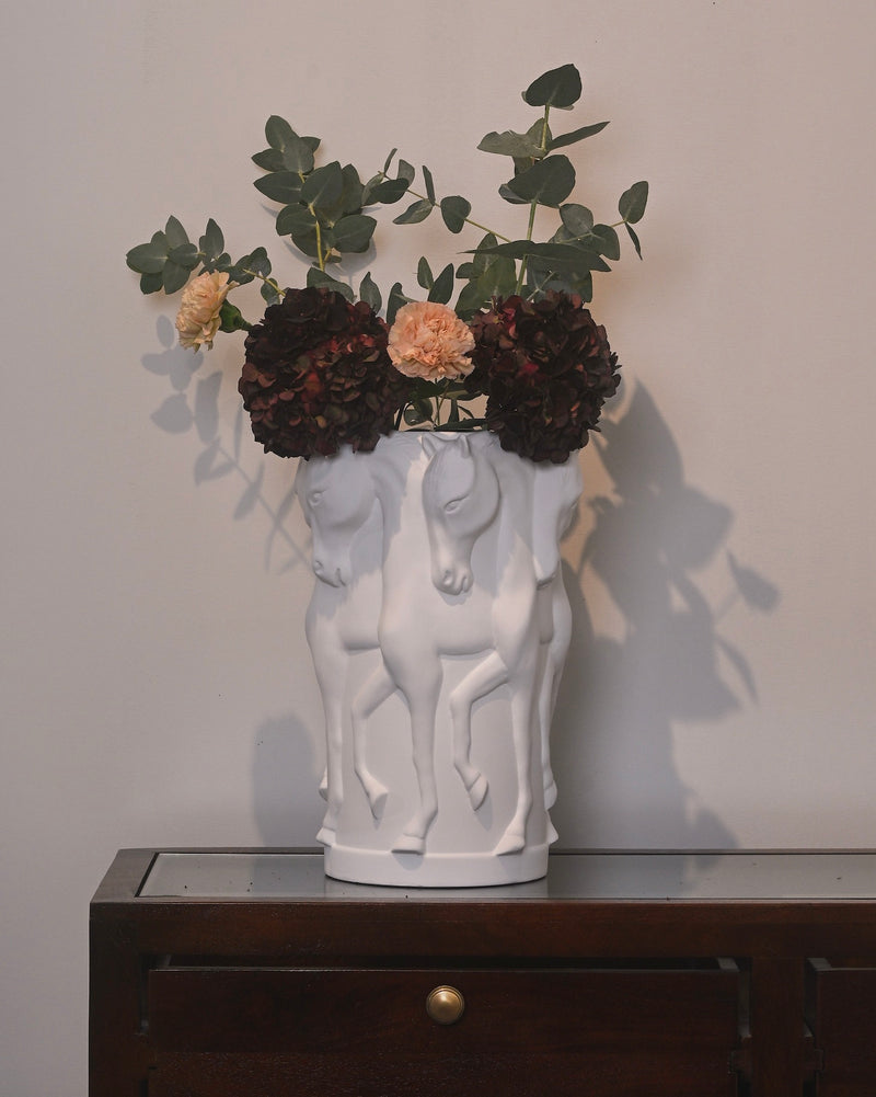 CERAMIC VASE DANCING HORSES MATT WHITE