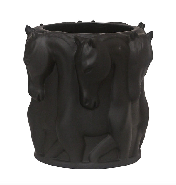 MATT BLACK CERAMIC VASE/ POT  DANCING HORSES