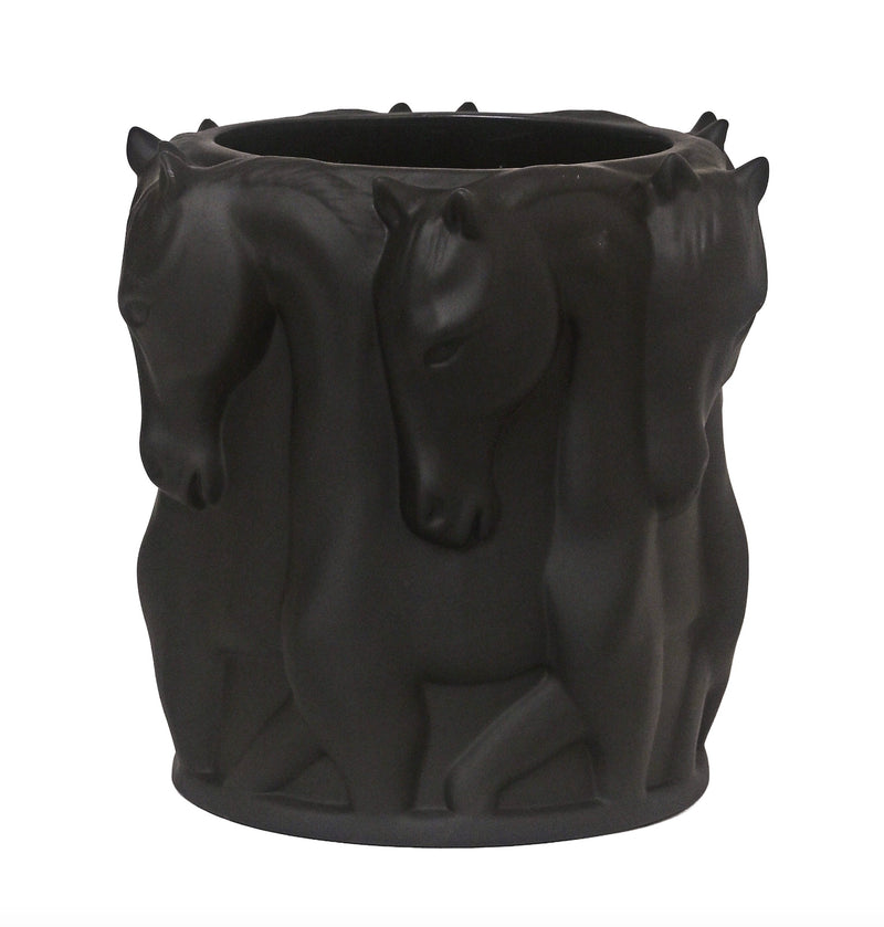 MATT BLACK CERAMIC VASE/ POT  DANCING HORSES