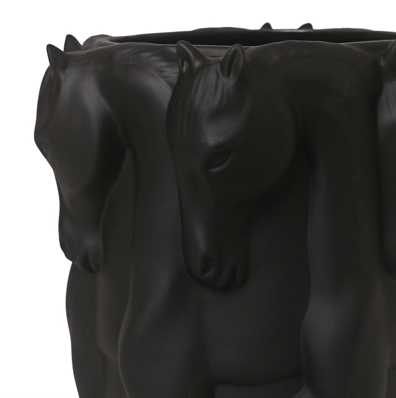 MATT BLACK CERAMIC VASE/ POT  DANCING HORSES