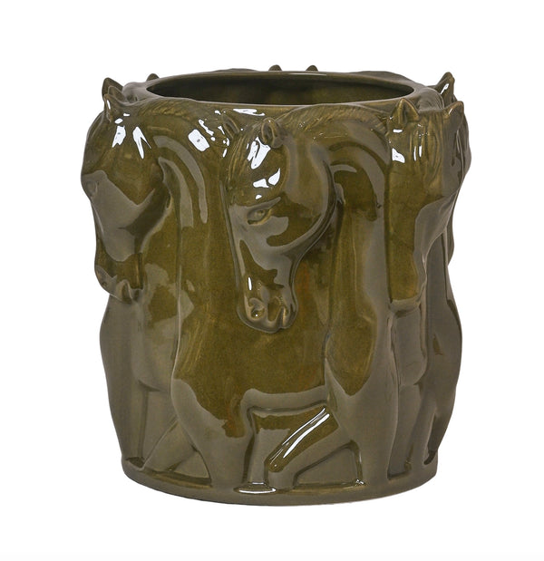 OLIVE GLAZE CERAMIC VASE DANCING HORSES