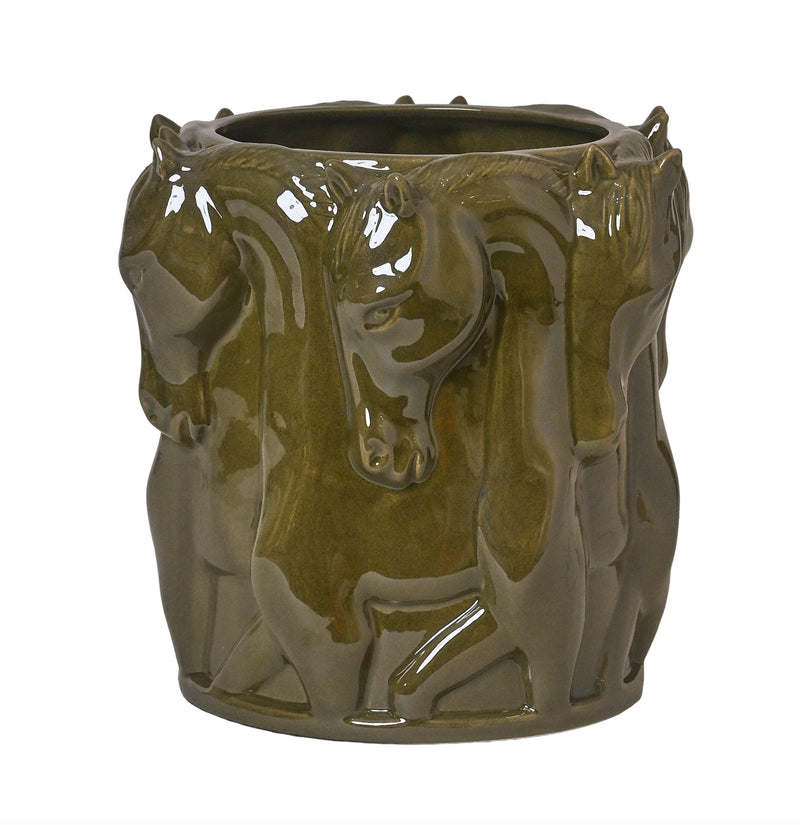OLIVE GLAZE CERAMIC VASE DANCING HORSES