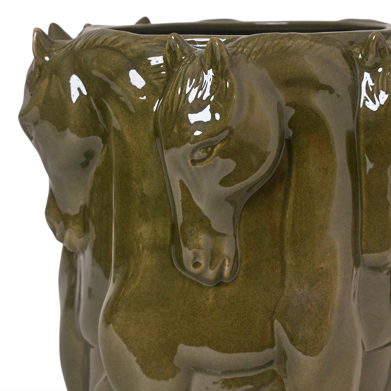 OLIVE GLAZE CERAMIC VASE DANCING HORSES