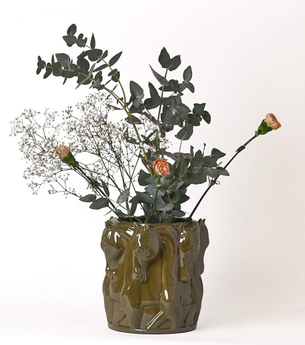 OLIVE GLAZE CERAMIC VASE DANCING HORSES