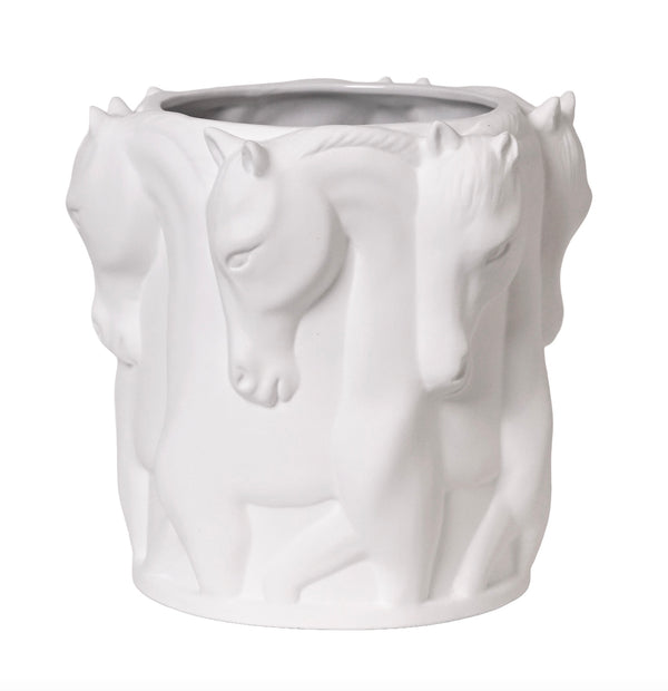 MATT WHITE CERAMIC VASE DANCING HORSES