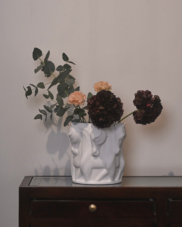 MATT WHITE CERAMIC VASE DANCING HORSES