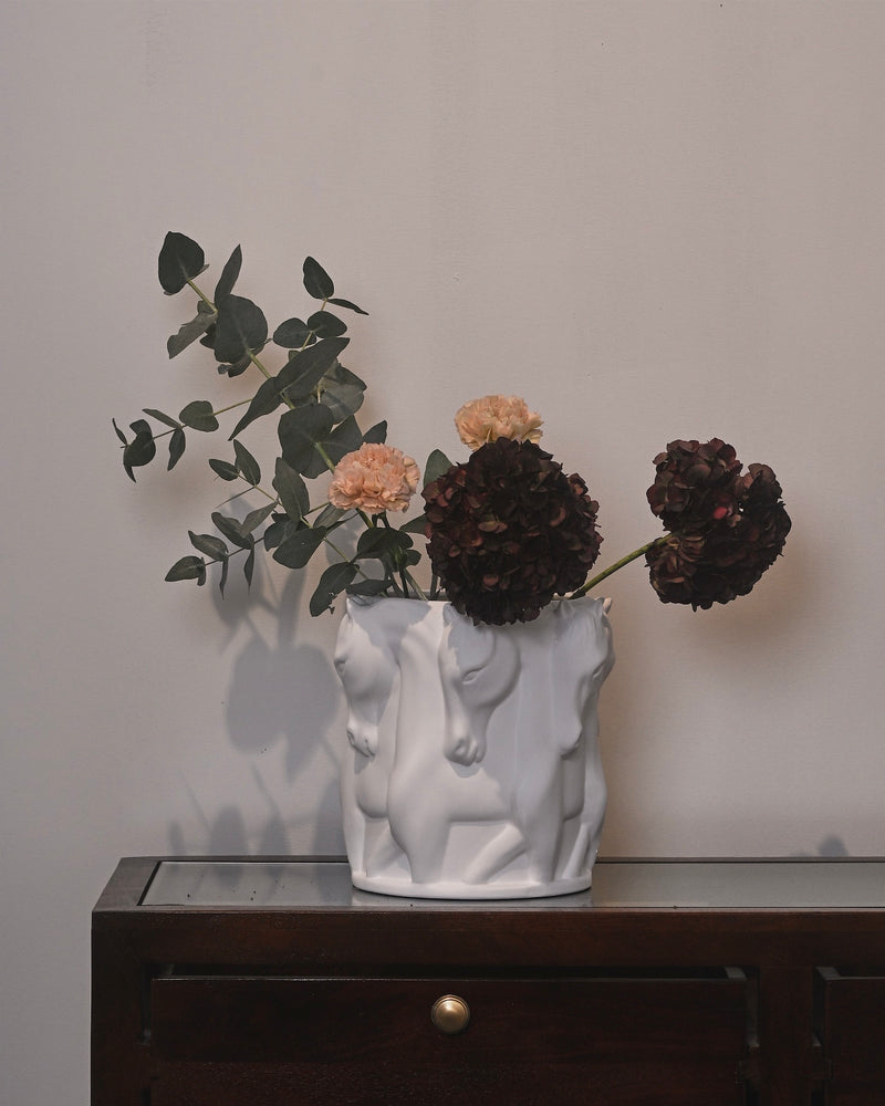 MATT WHITE CERAMIC VASE DANCING HORSES