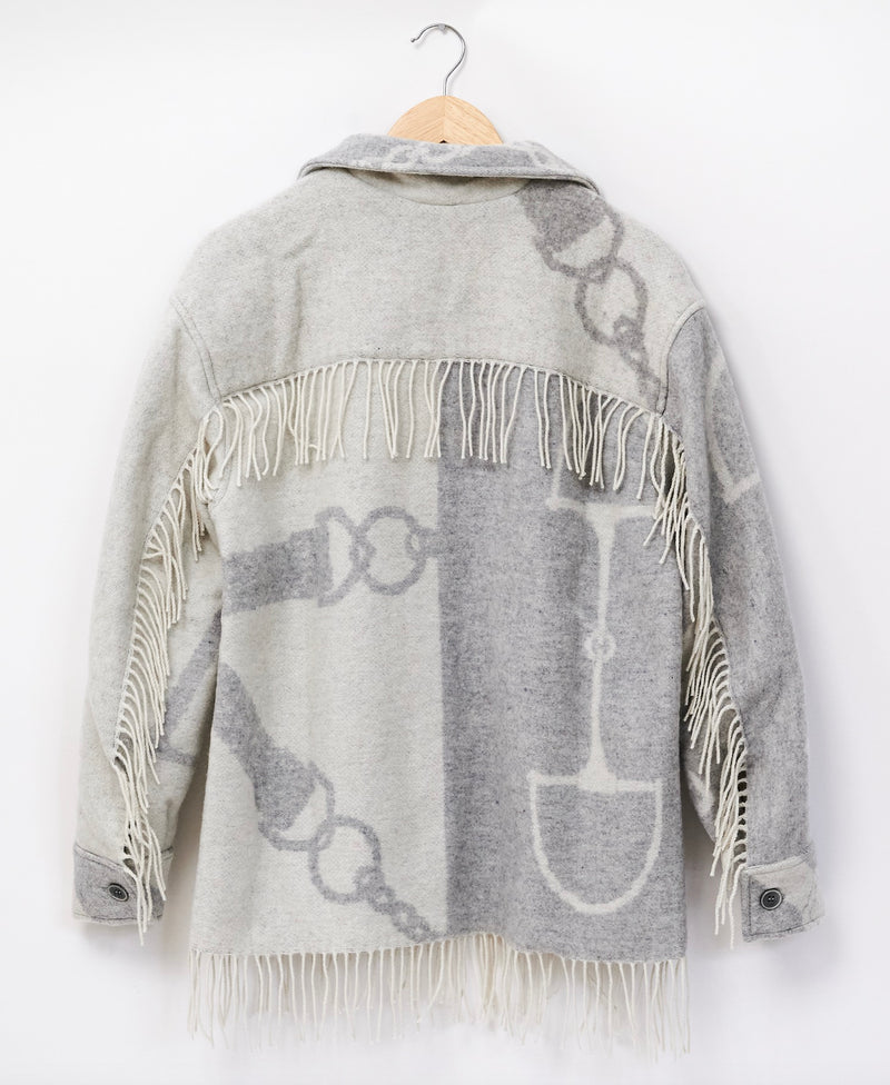 ADAMSBRO FRINGED SHIRT JACKET IN WOOL BLEND OFFWHITE & LIGHTGREY.