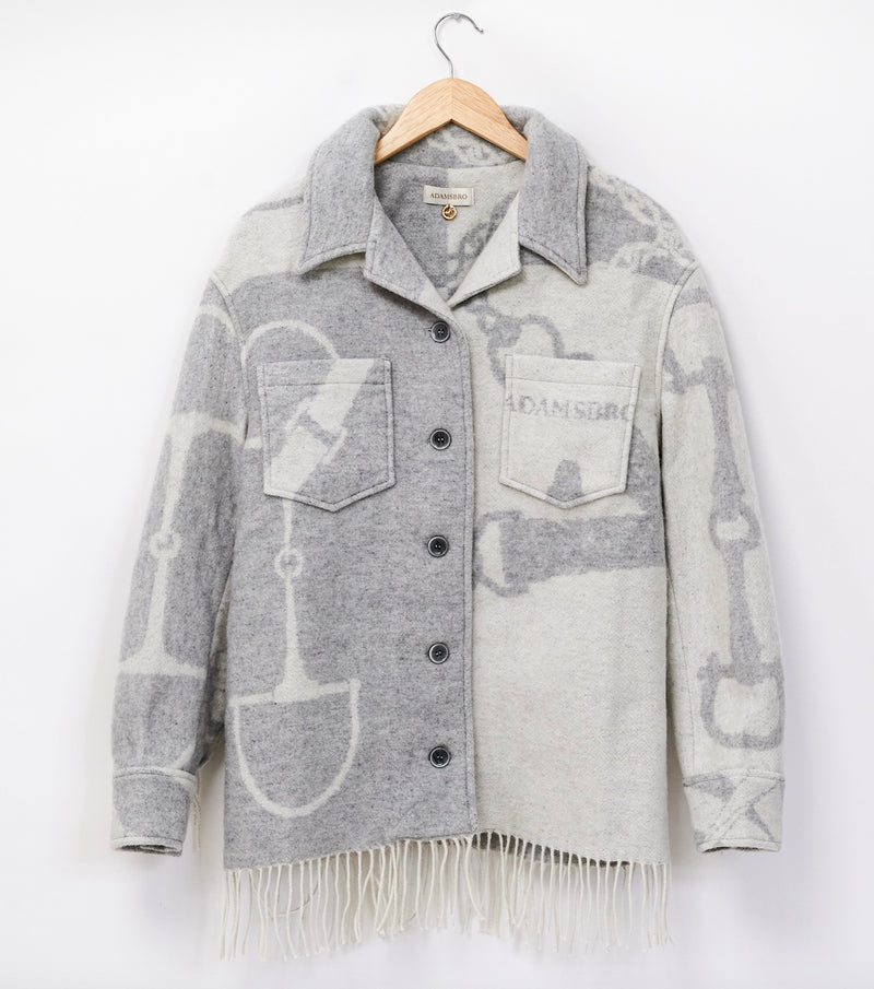 ADAMSBRO FRINGED SHIRT JACKET IN WOOL BLEND OFFWHITE & LIGHTGREY.