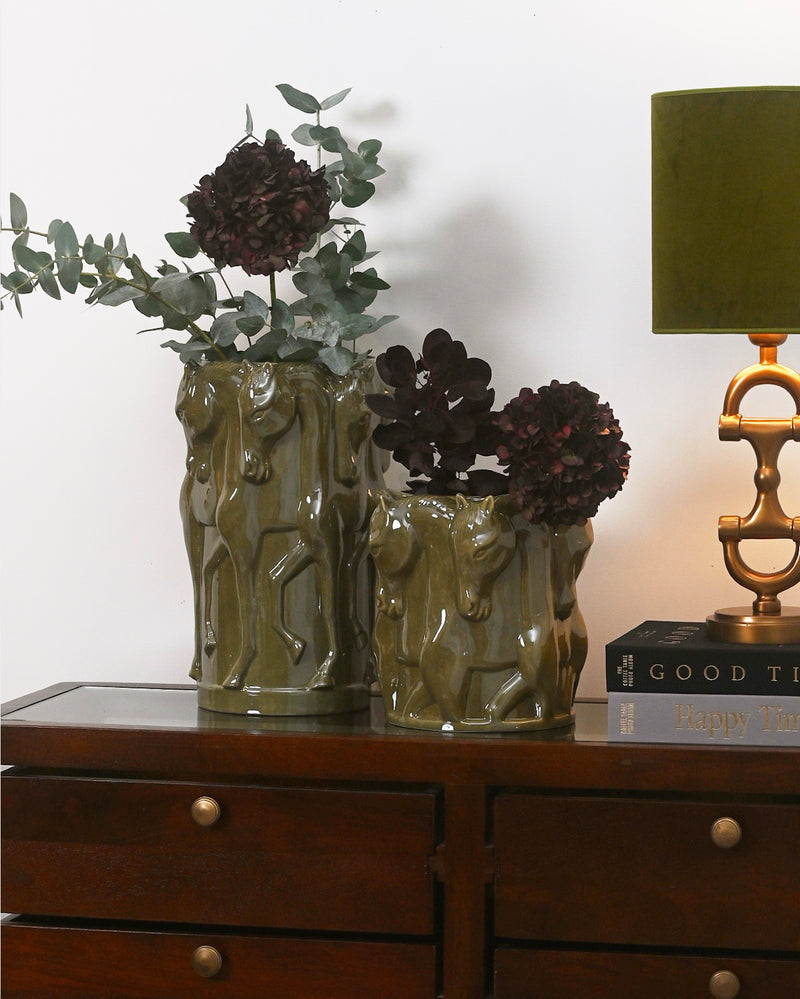 CERAMIC VASE DANCING HORSES OLIVE GLAZE