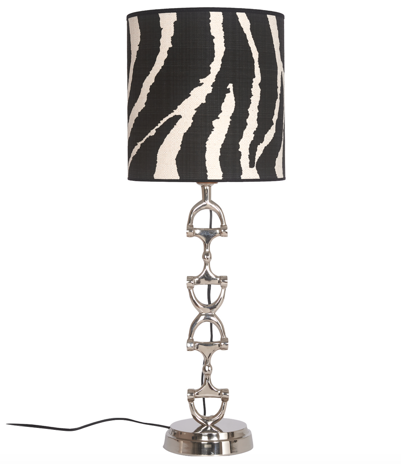 Snaffle Bit Lamp stand shiny silver including Zebra linnen lampshade