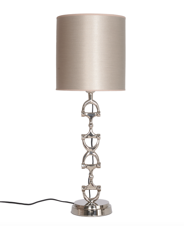 Snaffle Bit Lamp stand shiny silver including Taupe chintz lampshade