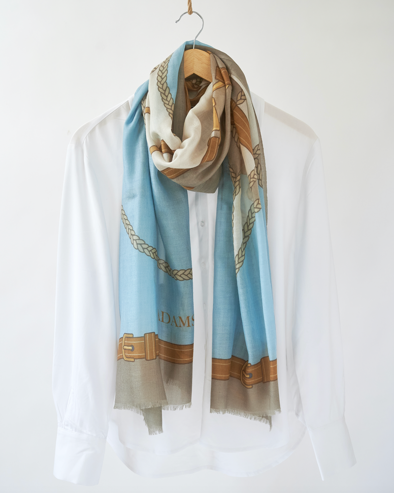 100% CASHMERE SCARF HORSEHEAD LIGHT BLUE