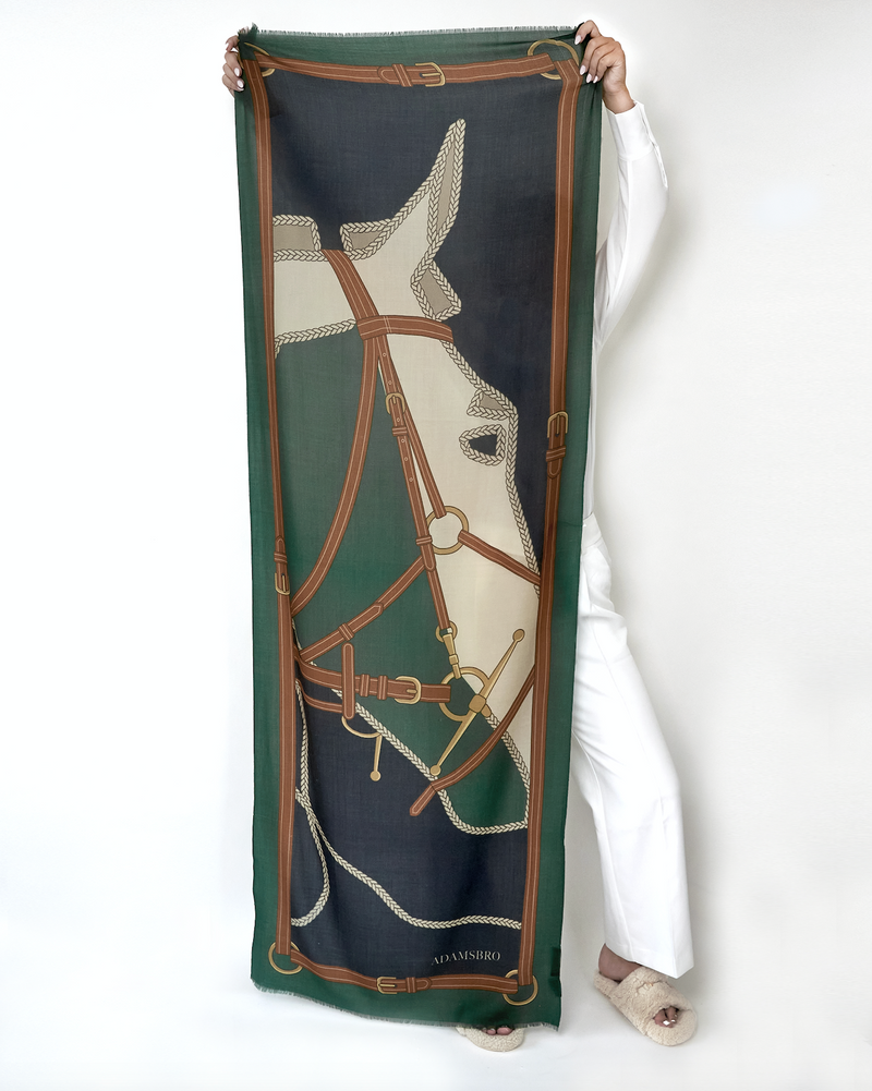 100% CASHMERE SCARF HORSEHEAD GREEN