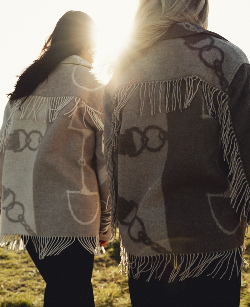 ADAMSBRO FRINGED SHIRT JACKET IN WOOL BLEND OFFWHITE & CAMEL.