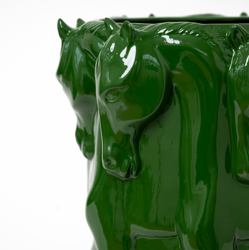 GLAZED GREEN CERAMIC VASE DANCING HORSES