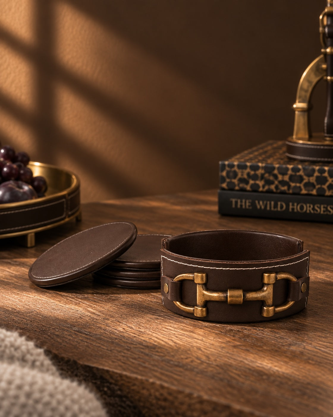 Leather Vintage Brass Coasters – Set of 4
