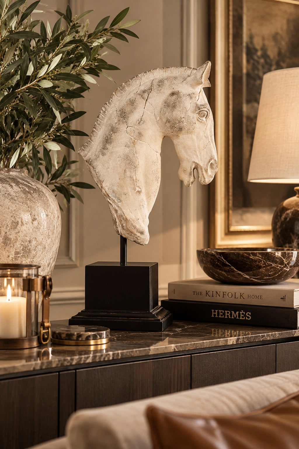 Horse Decor Glass stone finish Aged Ivory