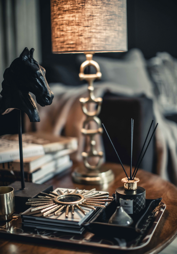 Snaffle Bit Lamp stand Brass including Lampshade in Black linnen.