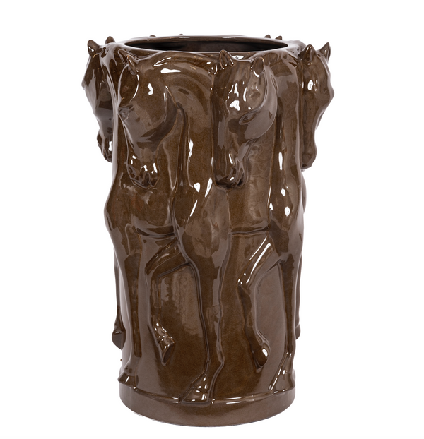 OLIVE GLAZE CERAMIC VASE DANCING HORSES