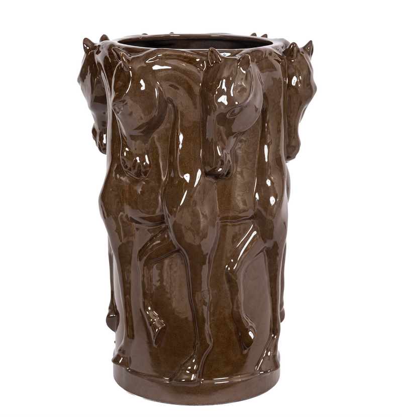 OLIVE GLAZE CERAMIC VASE DANCING HORSES