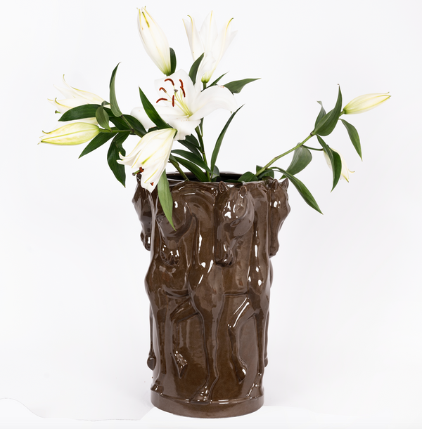 OLIVE GLAZE CERAMIC VASE DANCING HORSES