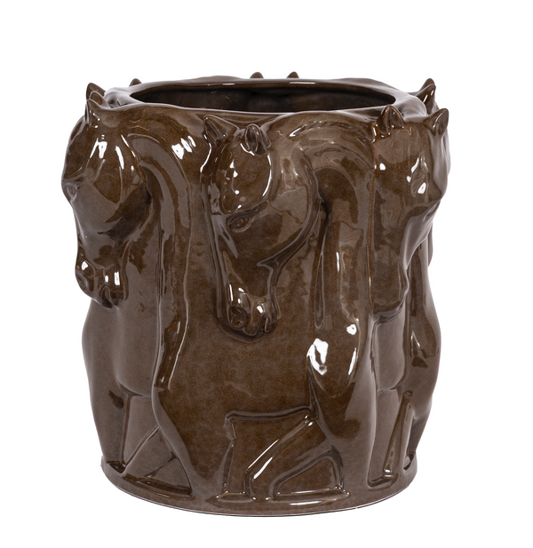 OLIVE GLAZE CERAMIC VASE DANCING HORSES