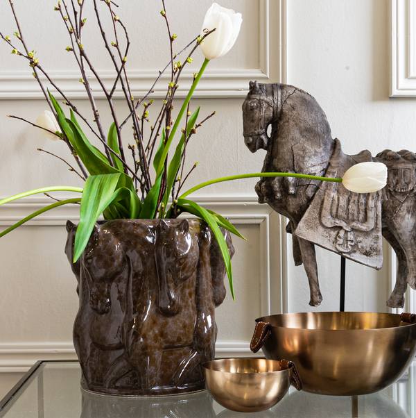 OLIVE GLAZE CERAMIC VASE DANCING HORSES