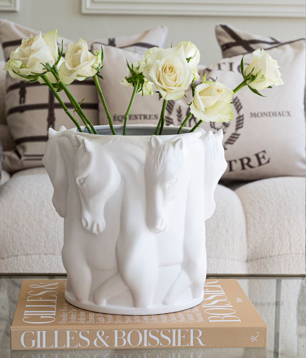 MATT WHITE CERAMIC VASE DANCING HORSES